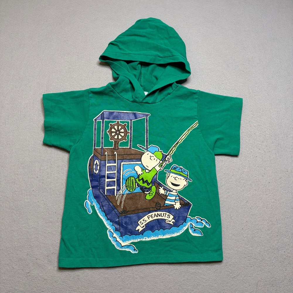 Peanuts Hooded T-Shirt Kids Size 4 Green S.S. Peanuts Fishing Vintage USA Made